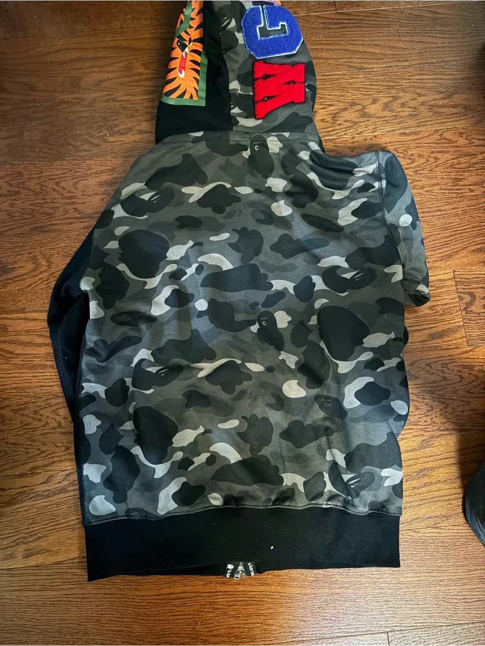 Bape Black Hoodie with Orange Shark-Graphic and Camo Sleeve